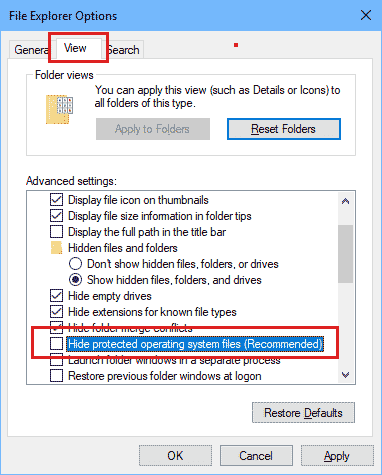 Show protected OS system files on Windows 10
