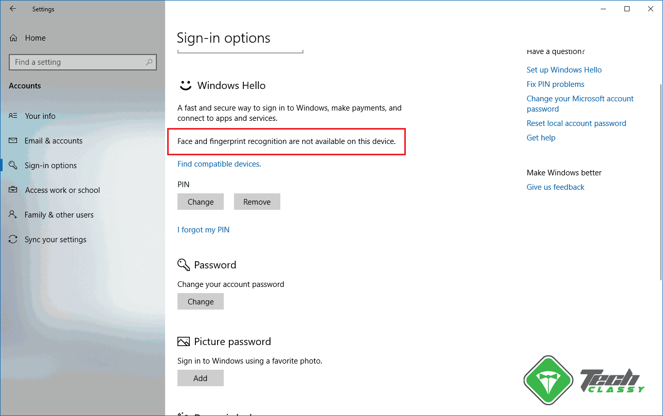 Screenshot Face and Fingerprint Recognition are not Available on this Device Windows 10