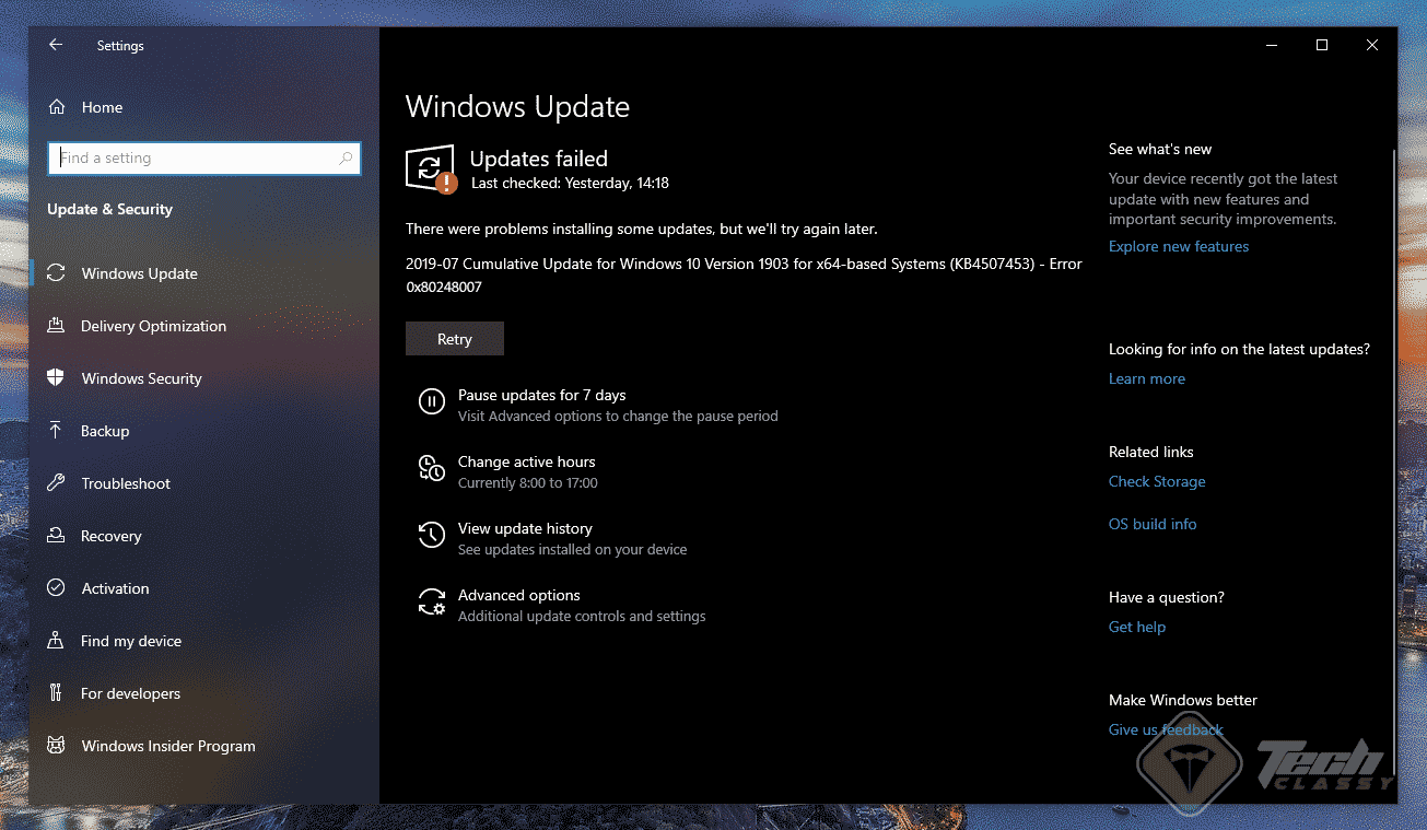 Screenshot: Update Error 0x80248007 in Windows 10