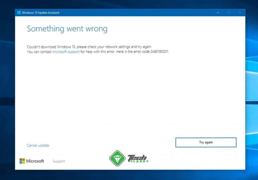 screenshot Windows update error 0x80190001