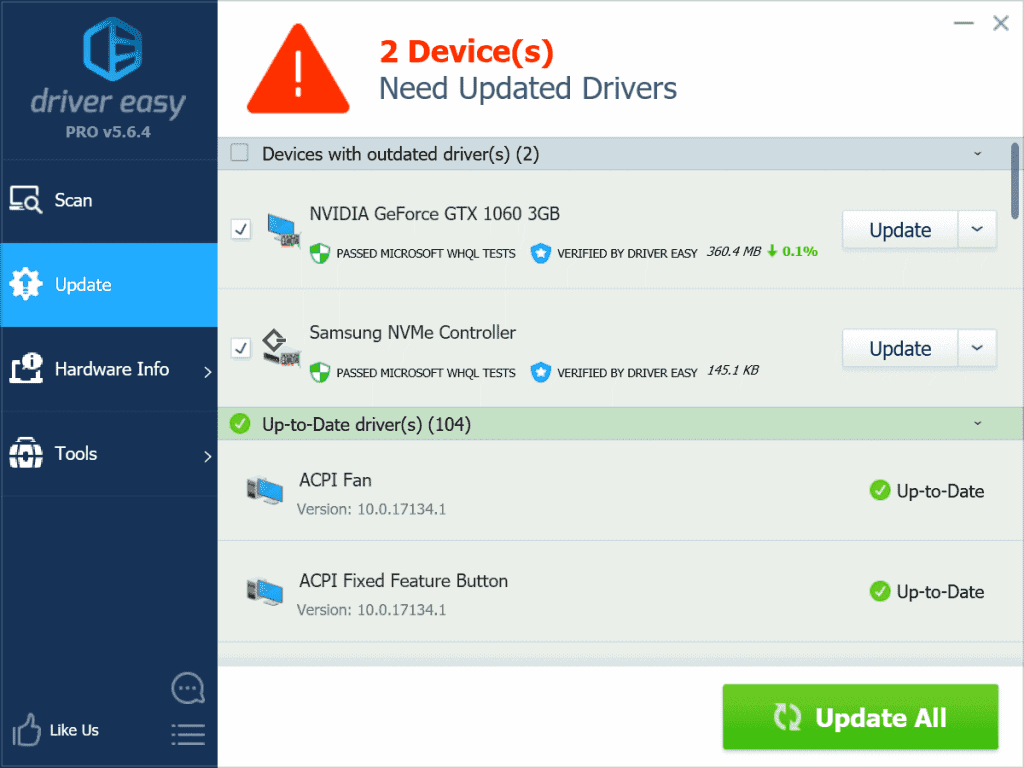 Outdated drivers detected in Driver Easy