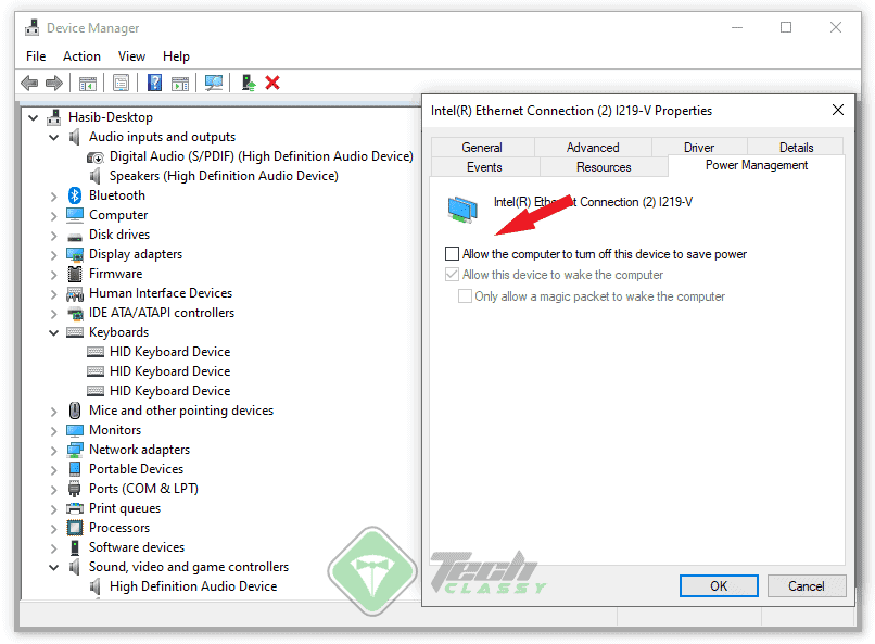 Uncheck Allow the computer to turn off this device to save power