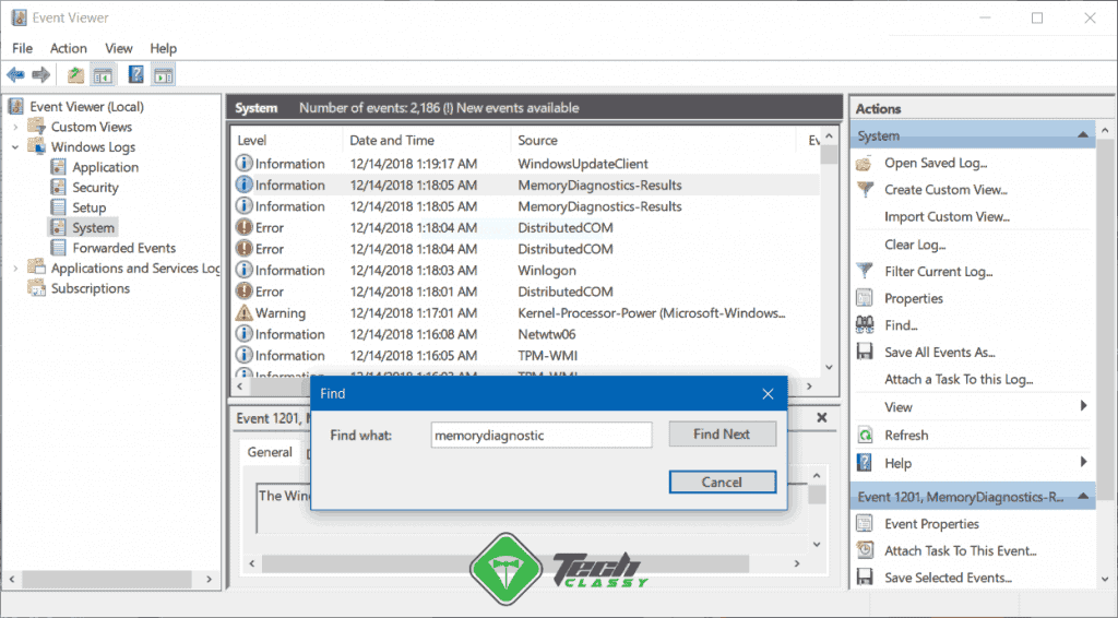 Find Memory Test Result in Windows Event Viewer