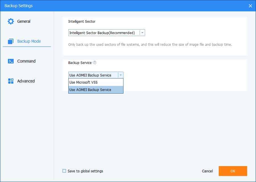 AOMEI Backupper Advanced Settings
