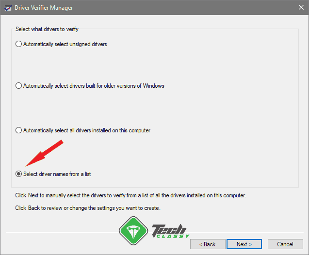 Check Select driver names from a list on Driver Verifier