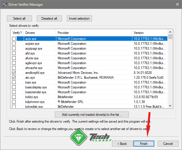 Driver List on Driver Verifier in Windows 10