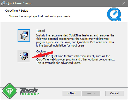 Choose Custom During QuickTime Installation