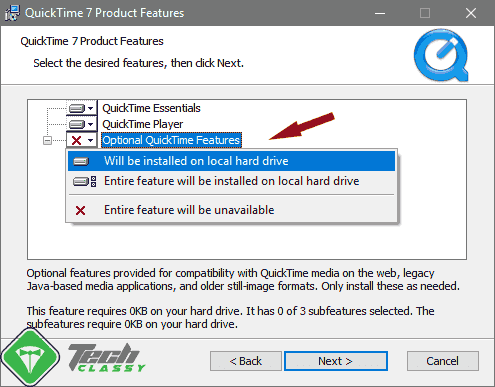 Install Optional Feature of QuickTime