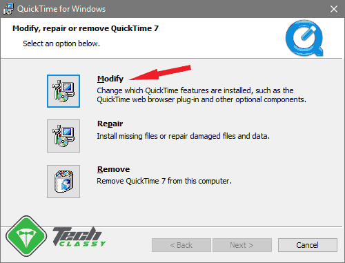 Choose Modify While Re-Installing QuickTime