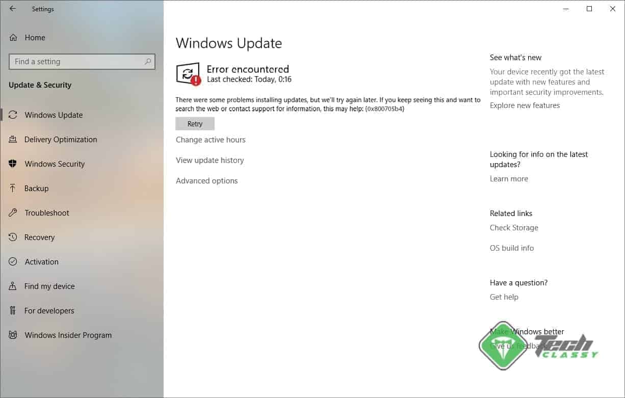 Screenshot Windows 10 Update Error 0x800705b4 