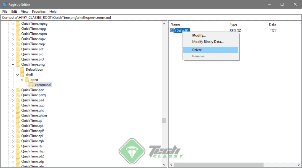 Delete Default Value with %1 for QuickTime on Windows Registry