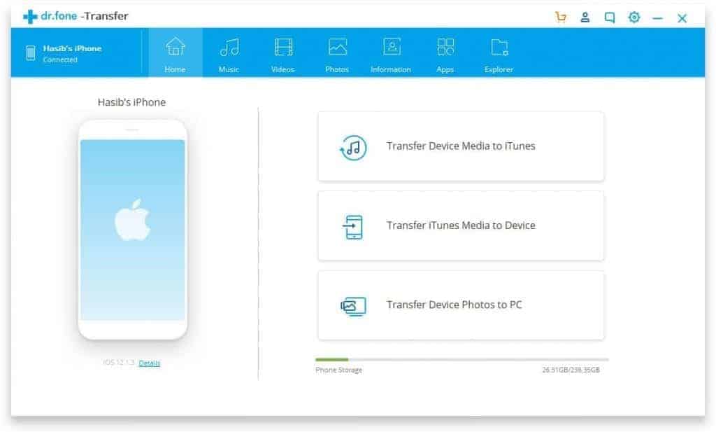 dr fone ios transfer interface home screen