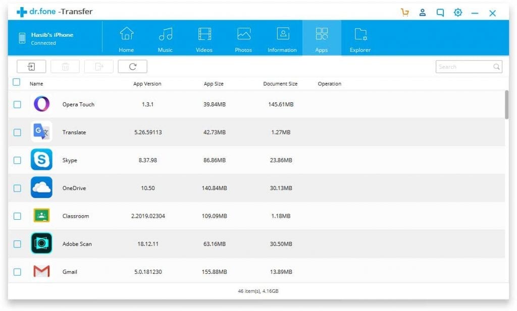 dr. fone transfer iOS app manager