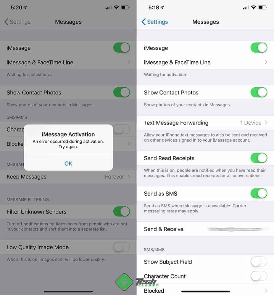 iMessage Activation Error - Waiting for Activation Screenshot