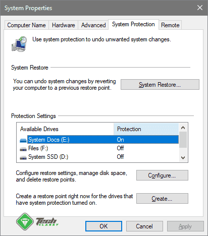 System Protection Tab on System Propeties