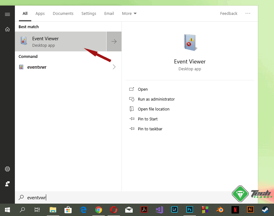 Run windows event viewer from start menu