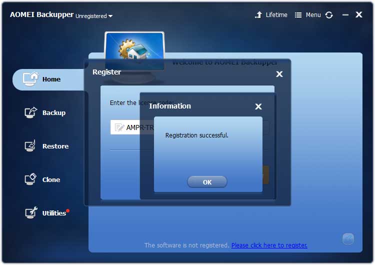 Registration Successful AOMEI Backupper Pro