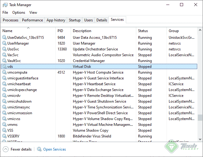 Services Tab in Windows Task Manager