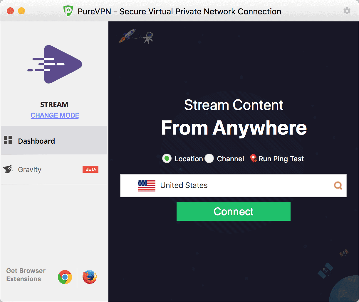 PureVPN Mac App Homescreen