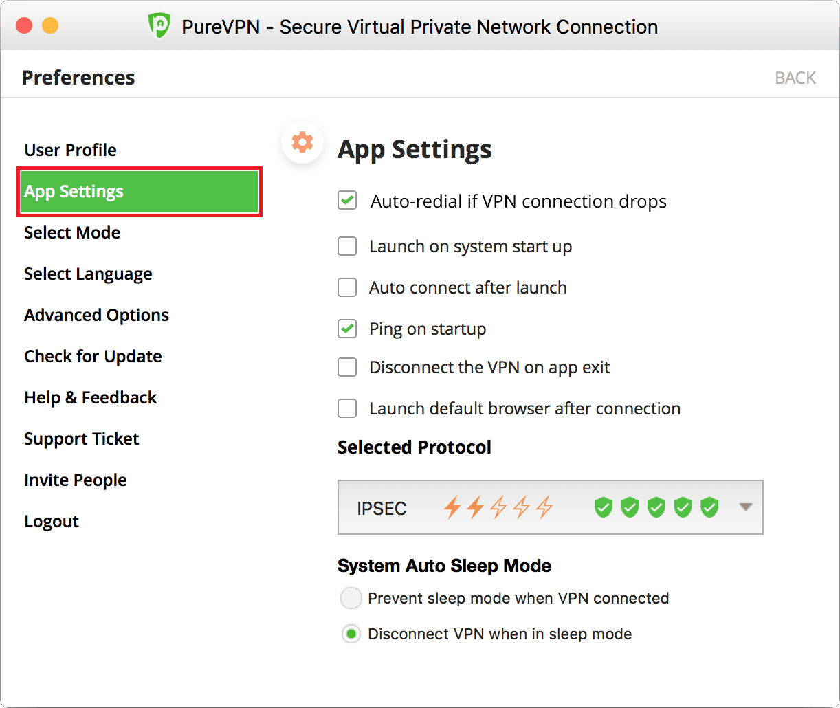 PureVPN Mac App Settings