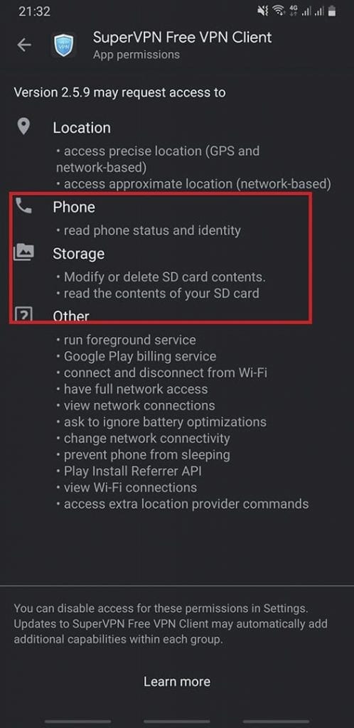 SuperVPN Free VPN accesses phone and storage on Android