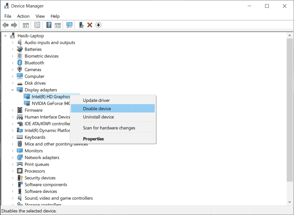 disabling graphics card from device manager on Windows