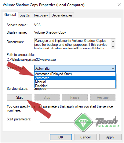 Start VSS and Set Startup Type Automatic