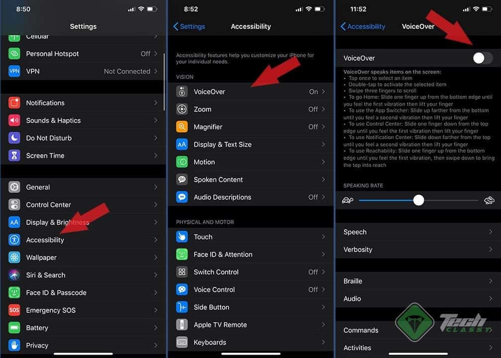 Disable VoiceOver of iPhone to Fix Camera Black Screen Issue
