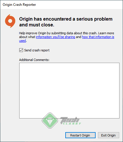 Screenshot: Origin has encountered a serious problem and must close