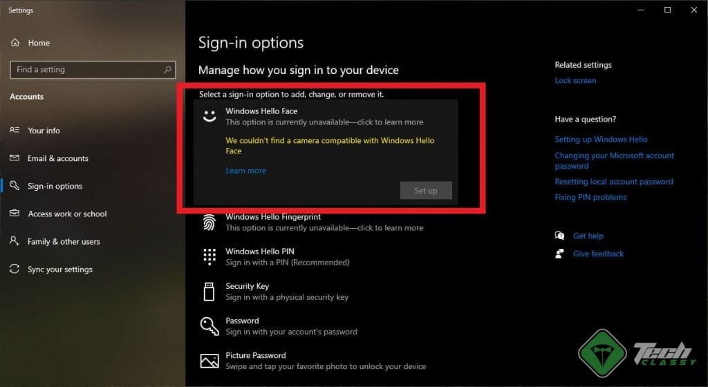 Screenshot: We Couldn't Find a Camera Compatible with Windows Hello Face