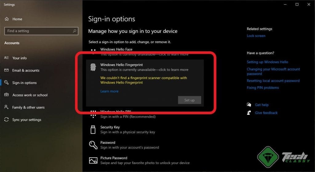 Screenshot: We Couldn't Find aFinger Print Scanner Compatible with Windows Hello Fingerprint