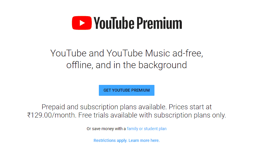 YouTube Premium India Pricing