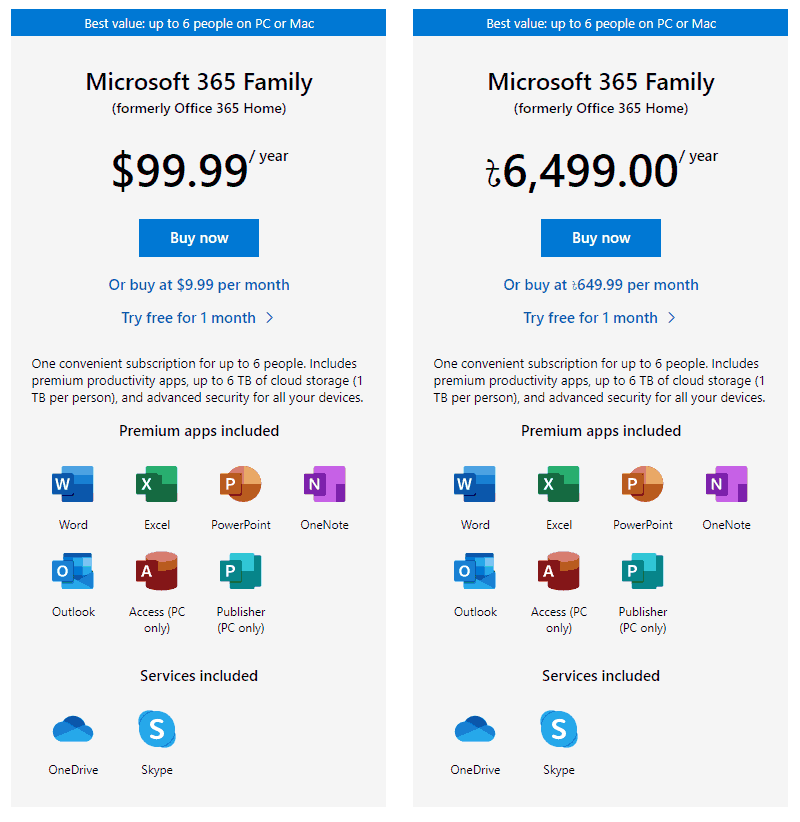 Microsoft 365 Home Different Pricing in Two Different Regions