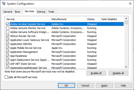 msconfig system configuration services