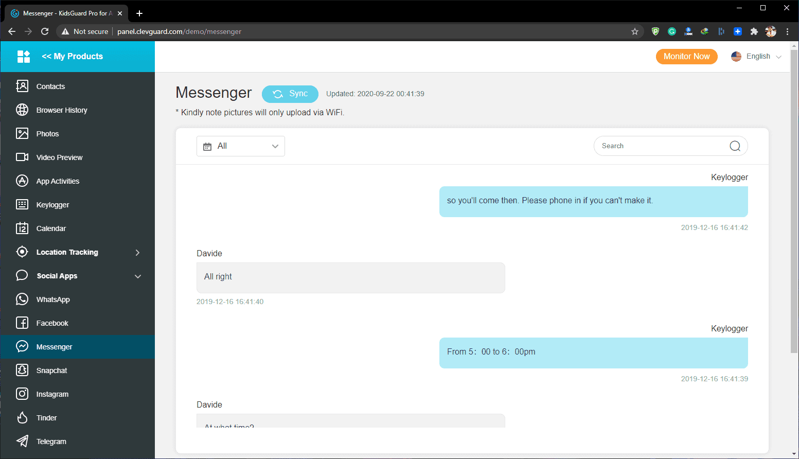KidsGuard Pro Screenshot : Monitor Messaging