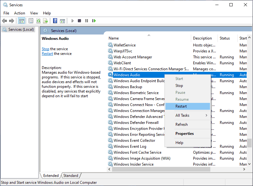 restart windows audio service