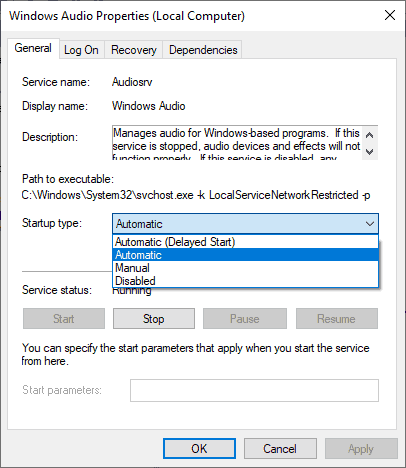 Set Startup type to Automatic for Windows Audio Properties