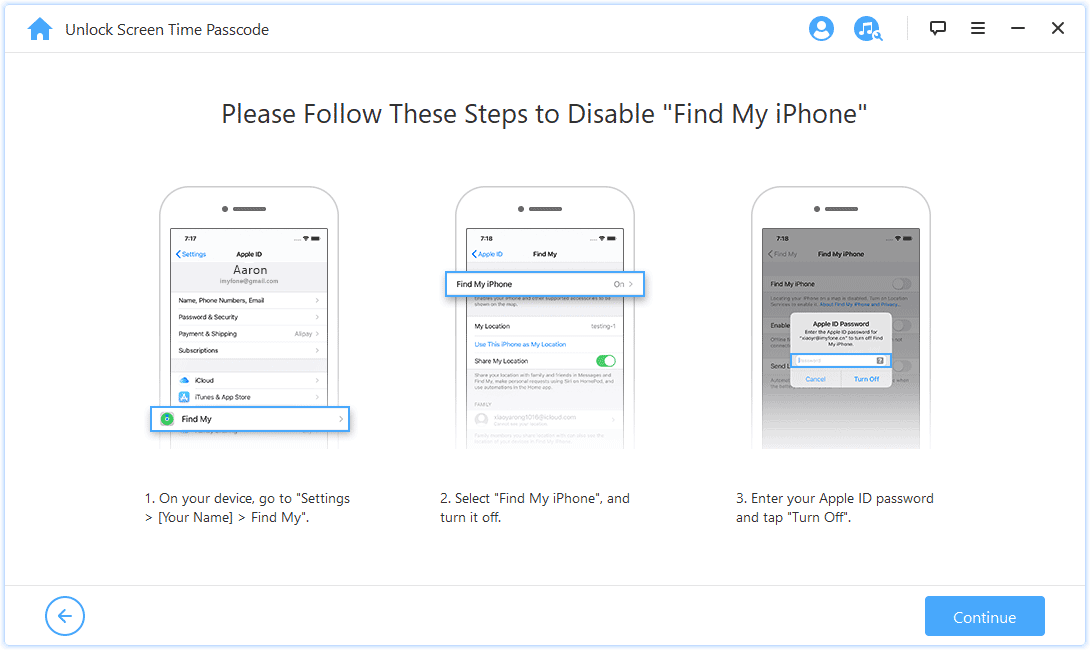 iMyFone LockWiper Screenshot: Instruction to disable find my phone