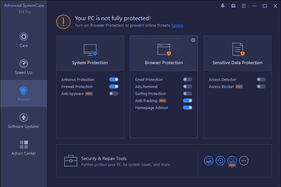 Advanced SystemCare Pro Protect Tab: Privacy Features