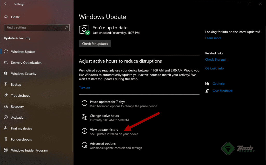 Click On View Update History