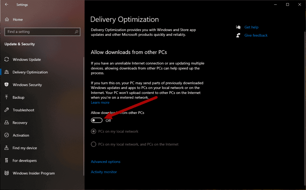 Delivery Optimization Turned Off