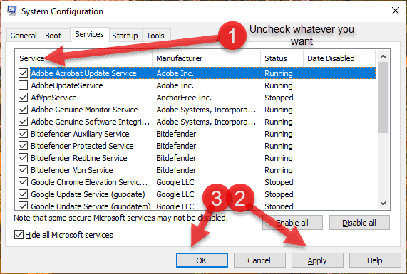 Disabling Services in System Config Windows