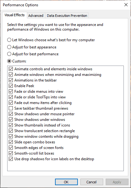 Tweak Visual Effects Performance Settings Windows