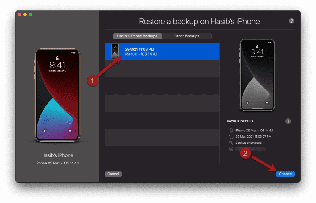 choosing backup to restore in imazing