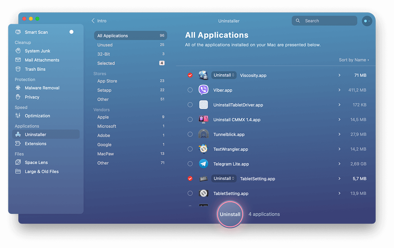 cleanmymac x uninstaller apps selected