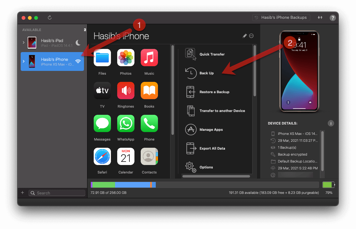 first step to take iphone backup using imazing