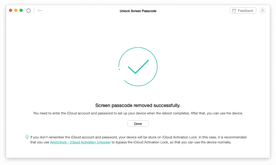 Screen passcode removed successfully with AnyUnlock
