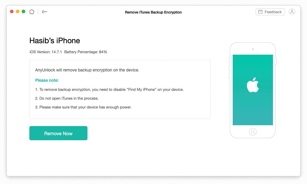 Remove iTunes Backup Encryption using AnyUnlock