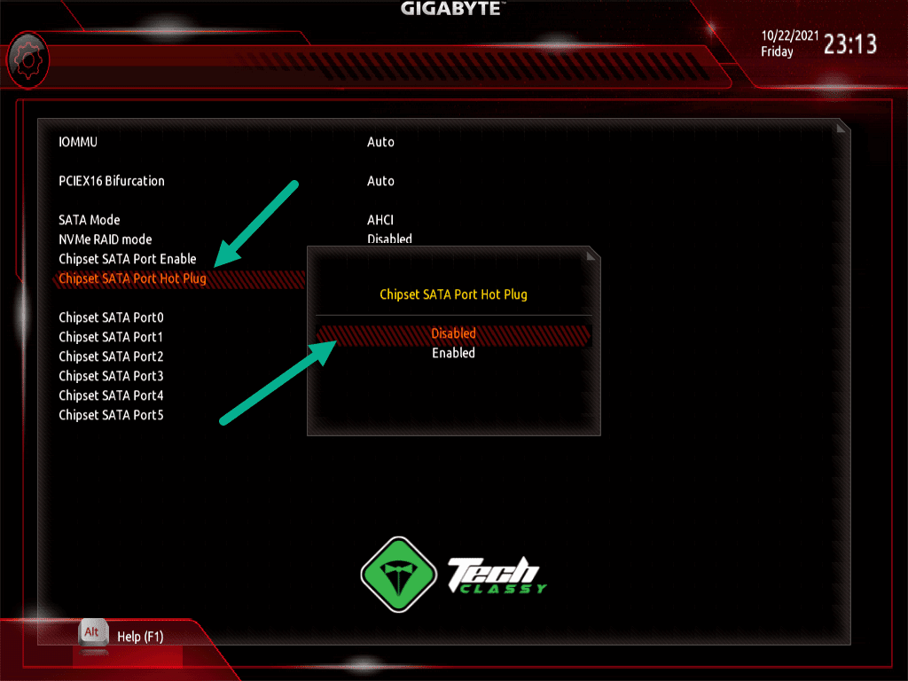 disable SATA Port Hot Plug from BIOS/UEFI