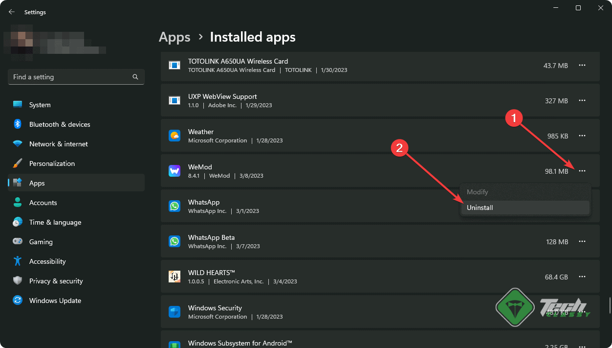 uninstalling wemod windows 11 settings